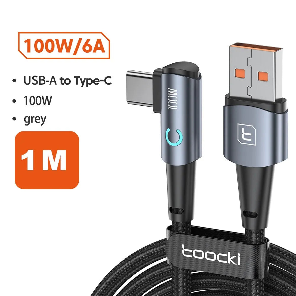 Cable USB-C 6A Toocki 90° – carga rápida 100W para Android