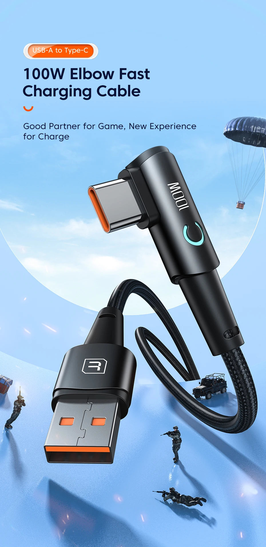Cable USB-C 6A Toocki 90° – carga rápida 100W para Android