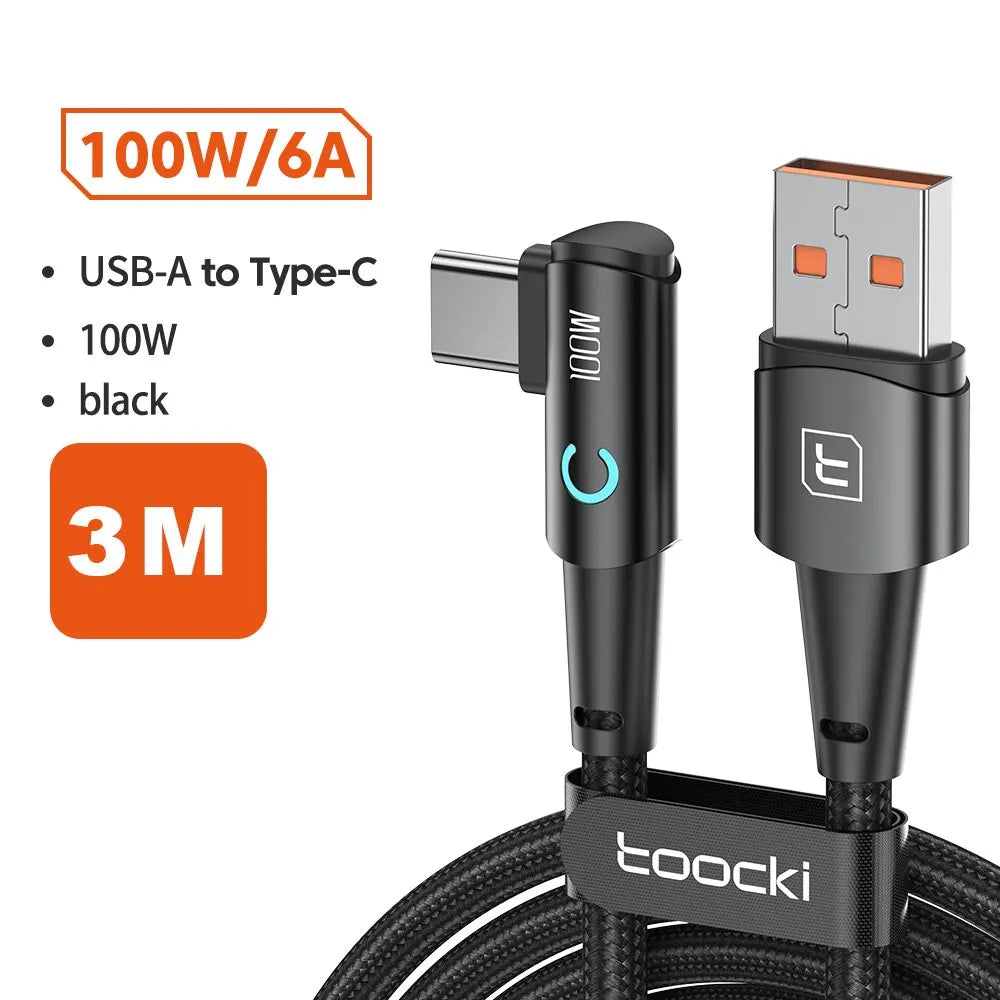 Cable USB-C 6A Toocki 90° – carga rápida 100W para Android
