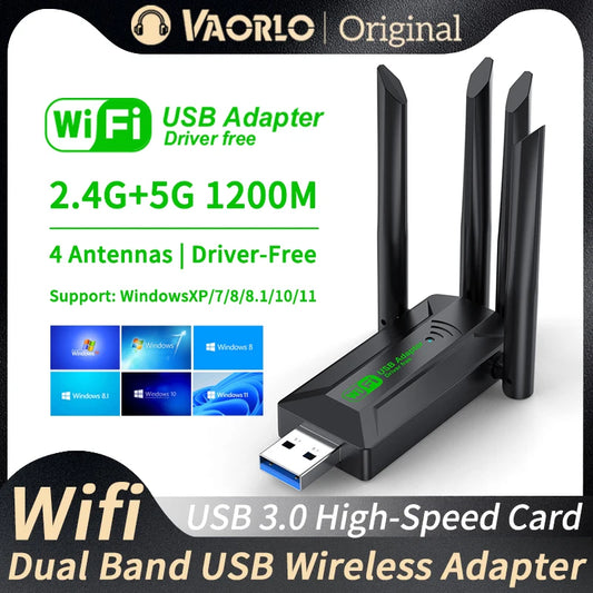 Adaptador WiFi USB 1200Mbps banda dual 2.4G+5G con 4 antenas
